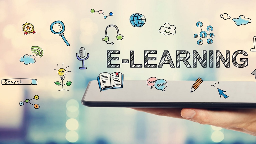 E-learning concept with man holding a tablet